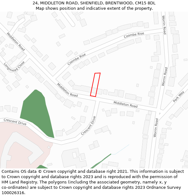 24, MIDDLETON ROAD, SHENFIELD, BRENTWOOD, CM15 8DL: Location map and indicative extent of plot