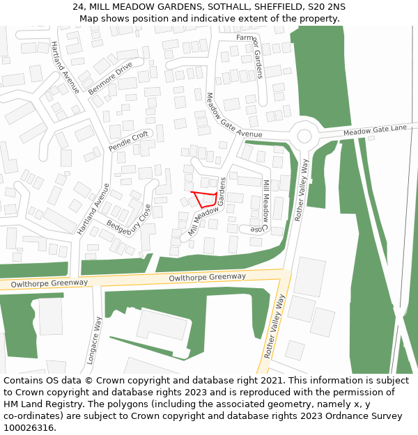 24, MILL MEADOW GARDENS, SOTHALL, SHEFFIELD, S20 2NS: Location map and indicative extent of plot