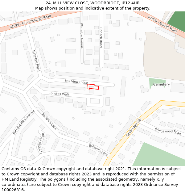 24, MILL VIEW CLOSE, WOODBRIDGE, IP12 4HR: Location map and indicative extent of plot