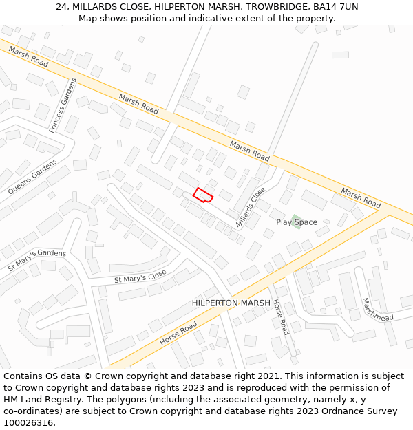 24, MILLARDS CLOSE, HILPERTON MARSH, TROWBRIDGE, BA14 7UN: Location map and indicative extent of plot