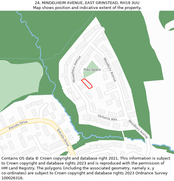 24, MINDELHEIM AVENUE, EAST GRINSTEAD, RH19 3UU: Location map and indicative extent of plot