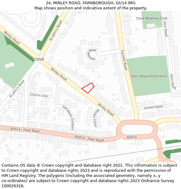 24, MINLEY ROAD, FARNBOROUGH, GU14 9RS: Location map and indicative extent of plot