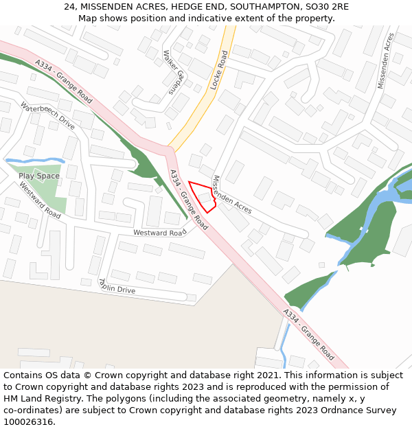 24, MISSENDEN ACRES, HEDGE END, SOUTHAMPTON, SO30 2RE: Location map and indicative extent of plot