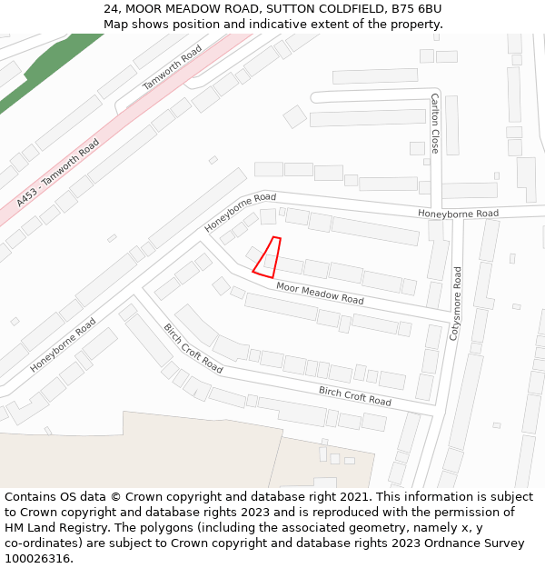 24, MOOR MEADOW ROAD, SUTTON COLDFIELD, B75 6BU: Location map and indicative extent of plot