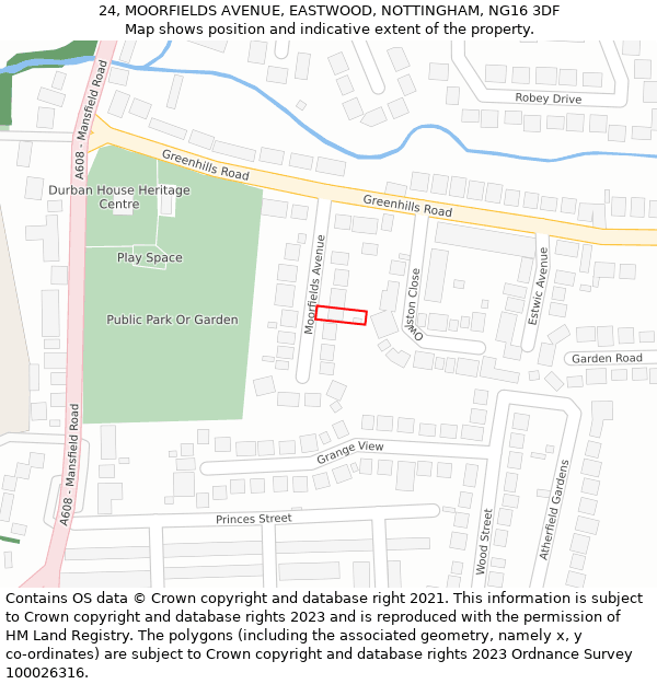 24, MOORFIELDS AVENUE, EASTWOOD, NOTTINGHAM, NG16 3DF: Location map and indicative extent of plot