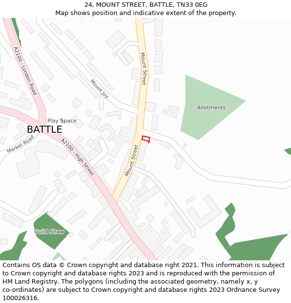 24, MOUNT STREET, BATTLE, TN33 0EG: Location map and indicative extent of plot