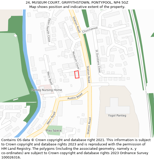 24, MUSEUM COURT, GRIFFITHSTOWN, PONTYPOOL, NP4 5GZ: Location map and indicative extent of plot