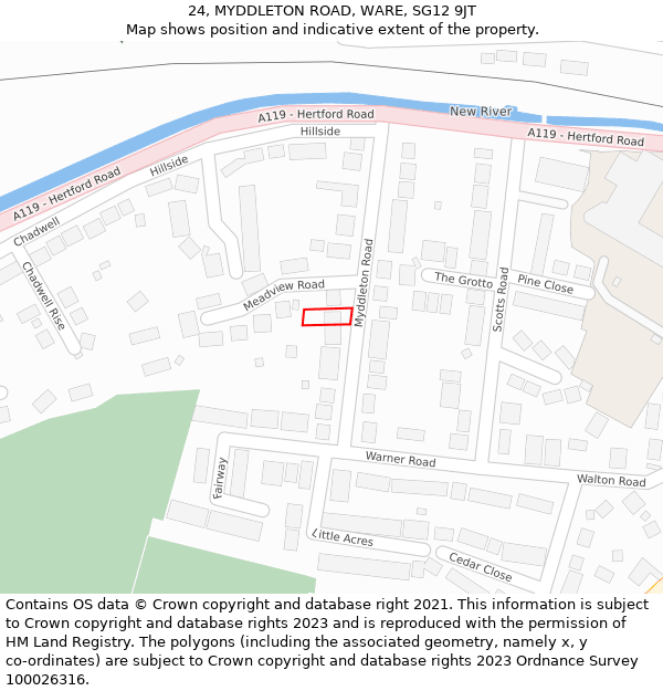 24, MYDDLETON ROAD, WARE, SG12 9JT: Location map and indicative extent of plot