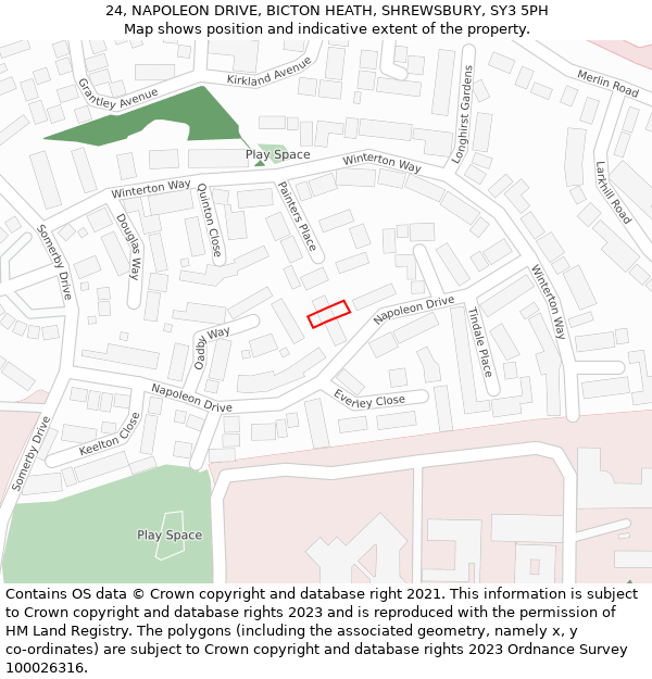 24, NAPOLEON DRIVE, BICTON HEATH, SHREWSBURY, SY3 5PH: Location map and indicative extent of plot