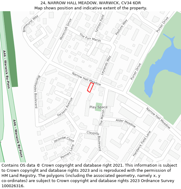 24, NARROW HALL MEADOW, WARWICK, CV34 6DR: Location map and indicative extent of plot