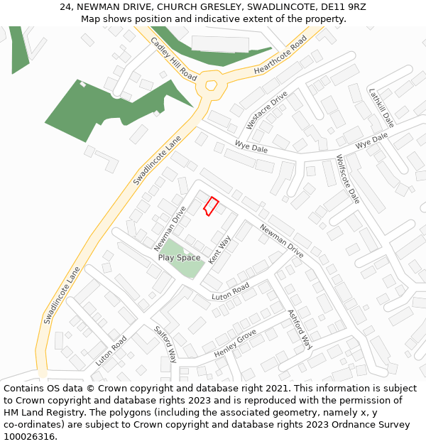 24, NEWMAN DRIVE, CHURCH GRESLEY, SWADLINCOTE, DE11 9RZ: Location map and indicative extent of plot