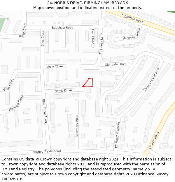 24, NORRIS DRIVE, BIRMINGHAM, B33 8DX: Location map and indicative extent of plot