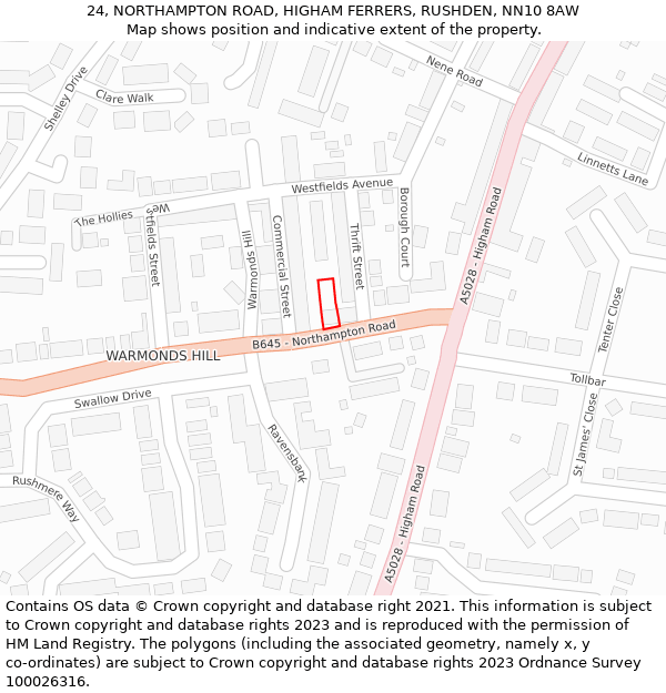 24, NORTHAMPTON ROAD, HIGHAM FERRERS, RUSHDEN, NN10 8AW: Location map and indicative extent of plot