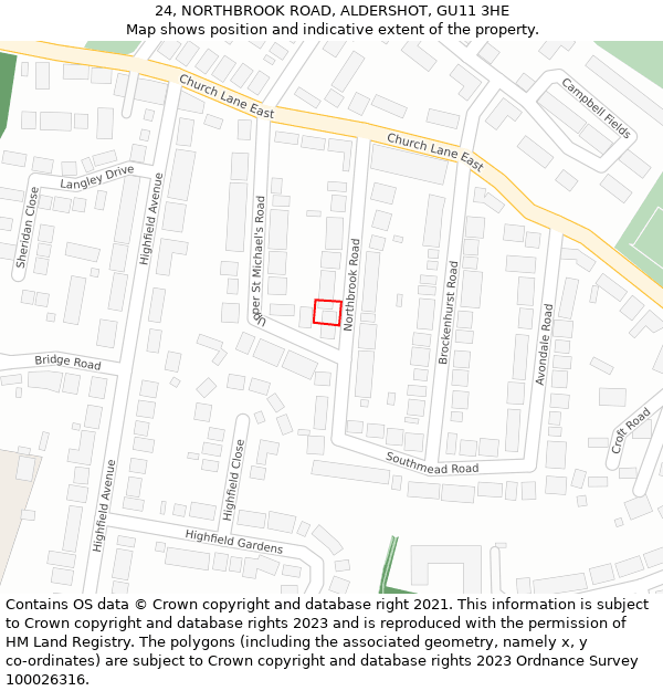 24, NORTHBROOK ROAD, ALDERSHOT, GU11 3HE: Location map and indicative extent of plot