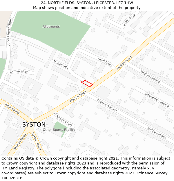 24, NORTHFIELDS, SYSTON, LEICESTER, LE7 1HW: Location map and indicative extent of plot