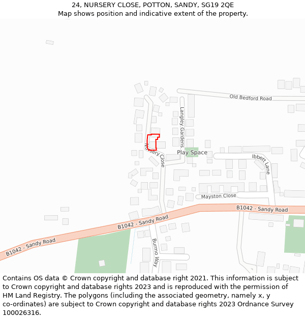 24, NURSERY CLOSE, POTTON, SANDY, SG19 2QE: Location map and indicative extent of plot