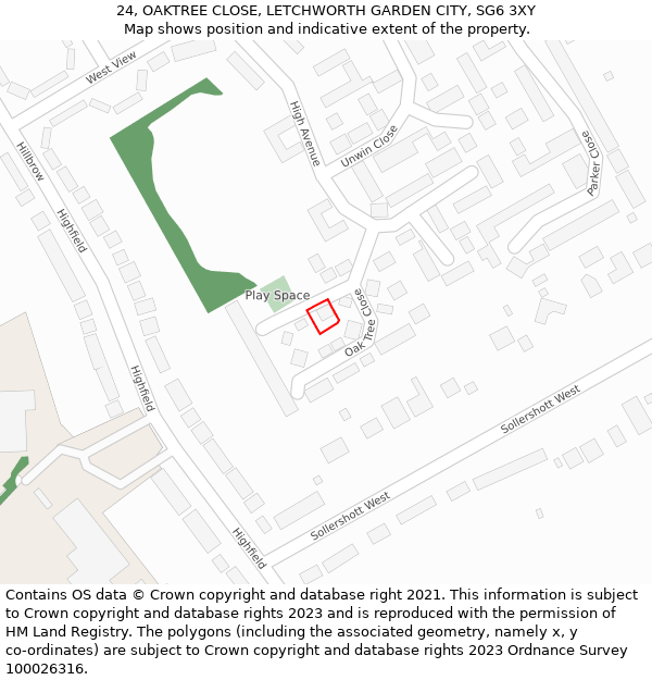 24, OAKTREE CLOSE, LETCHWORTH GARDEN CITY, SG6 3XY: Location map and indicative extent of plot