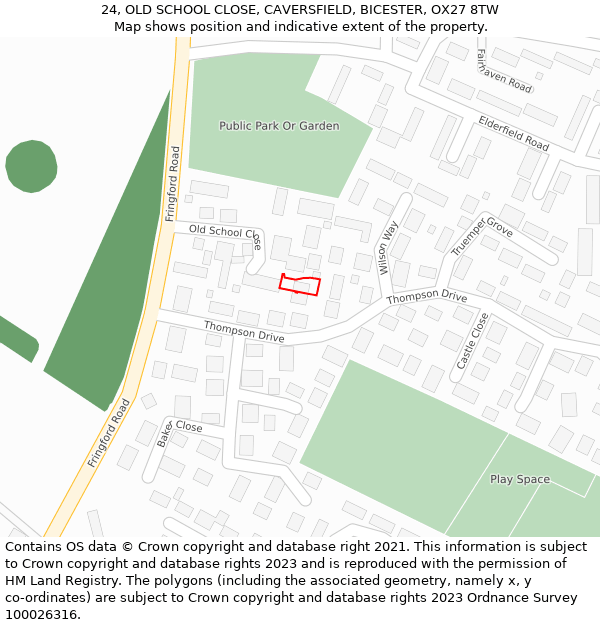 24, OLD SCHOOL CLOSE, CAVERSFIELD, BICESTER, OX27 8TW: Location map and indicative extent of plot