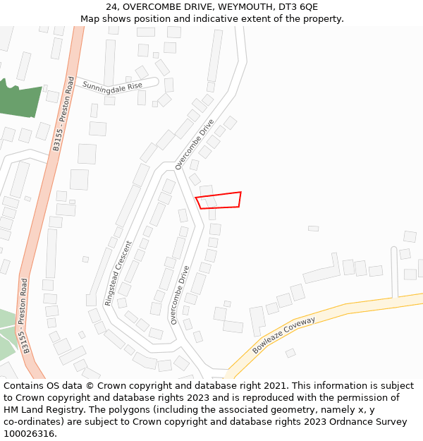 24, OVERCOMBE DRIVE, WEYMOUTH, DT3 6QE: Location map and indicative extent of plot