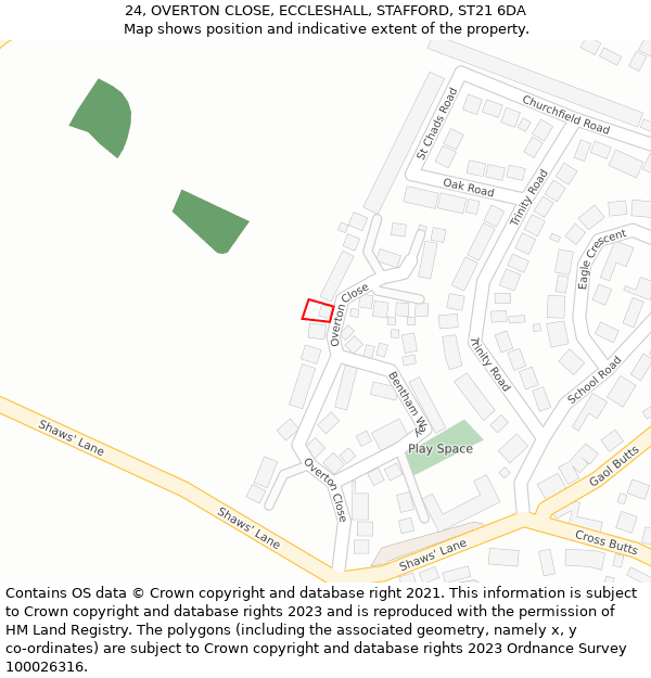 24, OVERTON CLOSE, ECCLESHALL, STAFFORD, ST21 6DA: Location map and indicative extent of plot