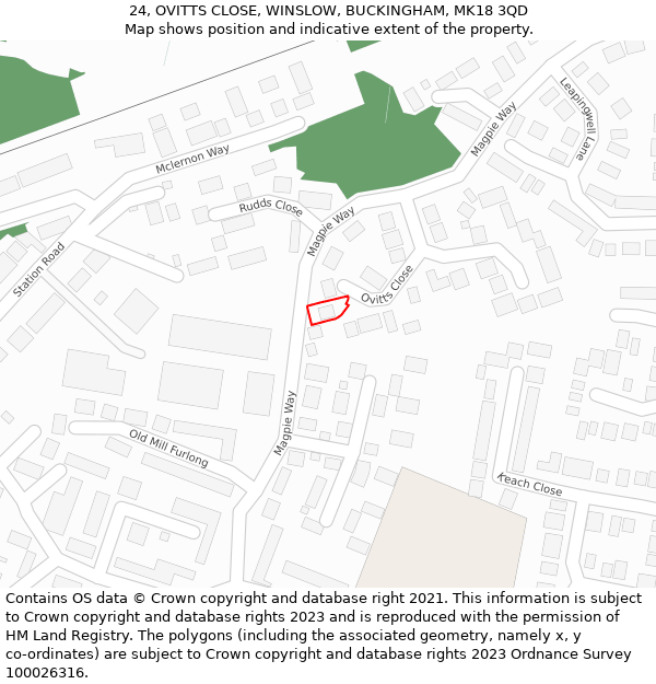 24, OVITTS CLOSE, WINSLOW, BUCKINGHAM, MK18 3QD: Location map and indicative extent of plot