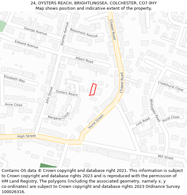 24, OYSTERS REACH, BRIGHTLINGSEA, COLCHESTER, CO7 0HY: Location map and indicative extent of plot