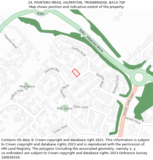 24, PAINTERS MEAD, HILPERTON, TROWBRIDGE, BA14 7QF: Location map and indicative extent of plot