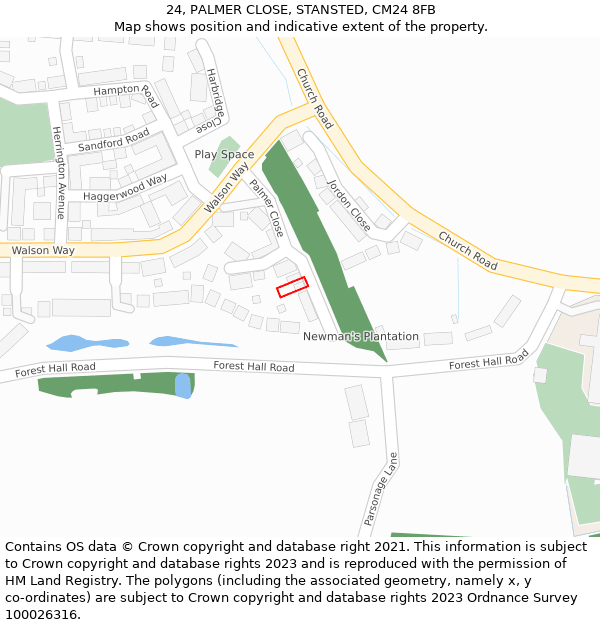 24, PALMER CLOSE, STANSTED, CM24 8FB: Location map and indicative extent of plot