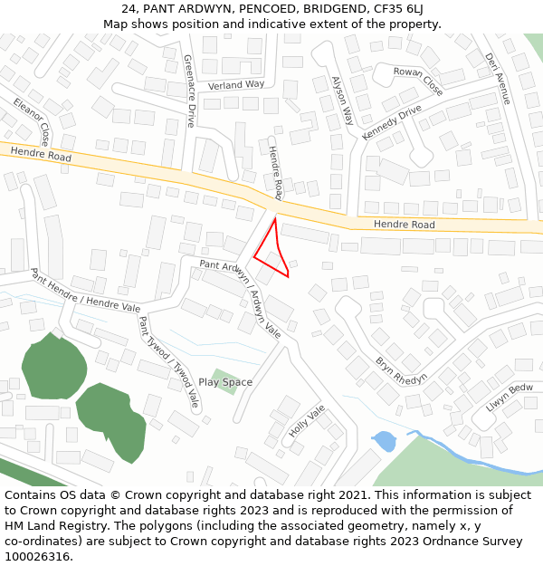 24, PANT ARDWYN, PENCOED, BRIDGEND, CF35 6LJ: Location map and indicative extent of plot