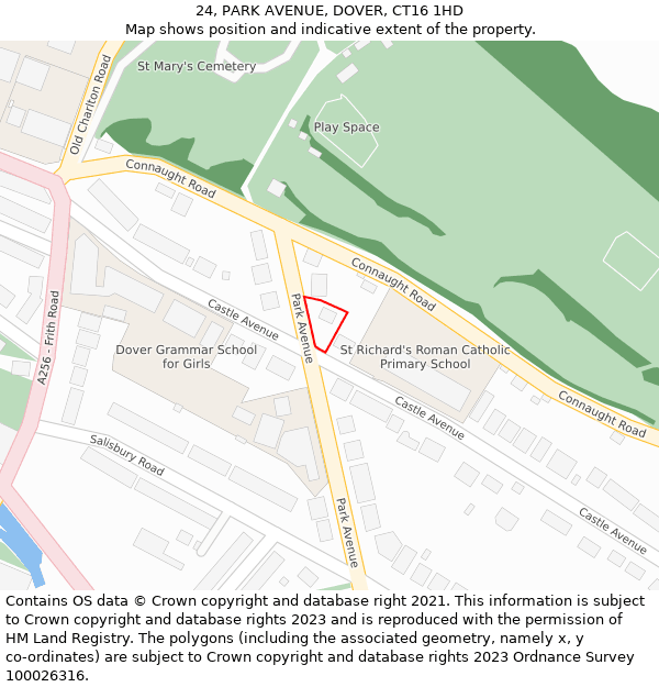 24, PARK AVENUE, DOVER, CT16 1HD: Location map and indicative extent of plot