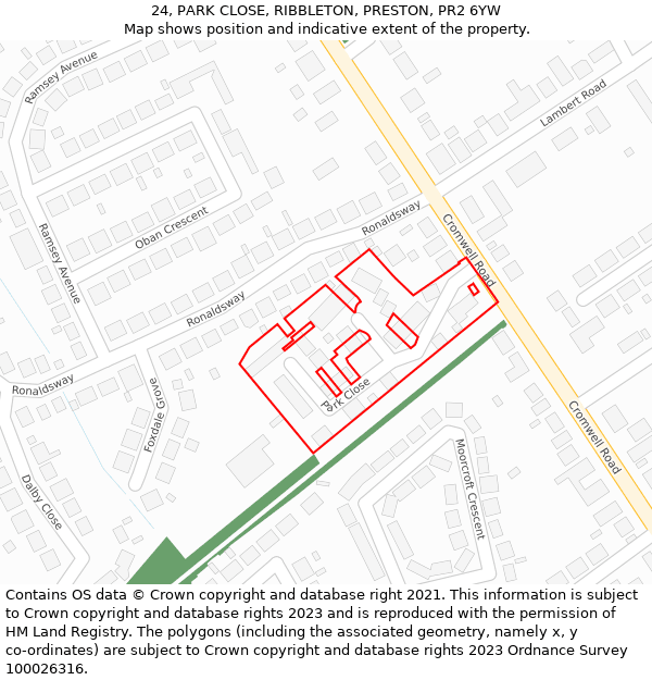 24, PARK CLOSE, RIBBLETON, PRESTON, PR2 6YW: Location map and indicative extent of plot