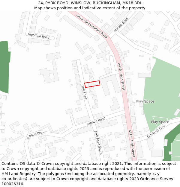 24, PARK ROAD, WINSLOW, BUCKINGHAM, MK18 3DL: Location map and indicative extent of plot