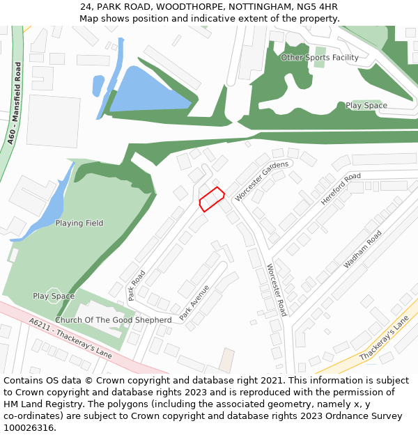 24, PARK ROAD, WOODTHORPE, NOTTINGHAM, NG5 4HR: Location map and indicative extent of plot