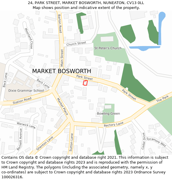 24, PARK STREET, MARKET BOSWORTH, NUNEATON, CV13 0LL: Location map and indicative extent of plot