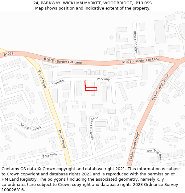 24, PARKWAY, WICKHAM MARKET, WOODBRIDGE, IP13 0SS: Location map and indicative extent of plot