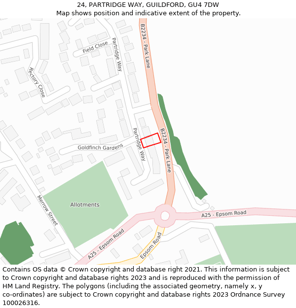 24, PARTRIDGE WAY, GUILDFORD, GU4 7DW: Location map and indicative extent of plot