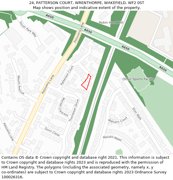 24, PATTERSON COURT, WRENTHORPE, WAKEFIELD, WF2 0ST: Location map and indicative extent of plot