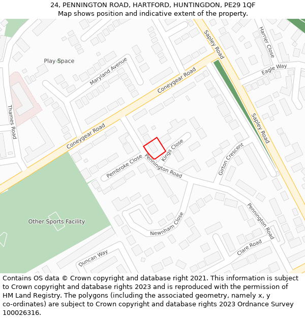 24, PENNINGTON ROAD, HARTFORD, HUNTINGDON, PE29 1QF: Location map and indicative extent of plot