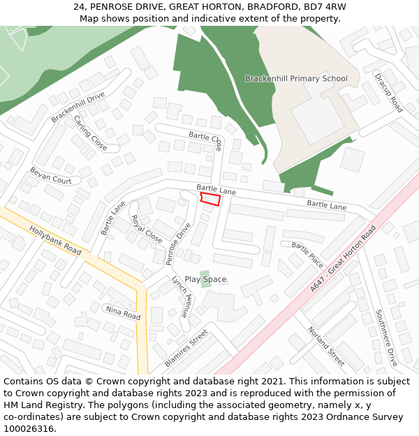 24, PENROSE DRIVE, GREAT HORTON, BRADFORD, BD7 4RW: Location map and indicative extent of plot