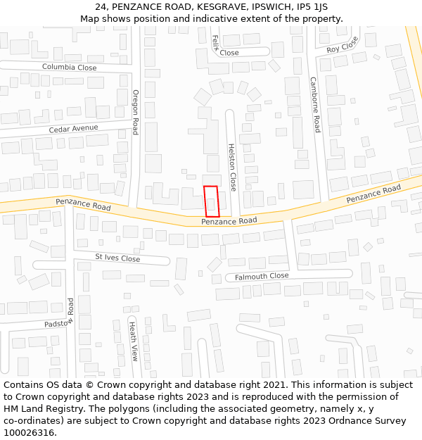 24, PENZANCE ROAD, KESGRAVE, IPSWICH, IP5 1JS: Location map and indicative extent of plot
