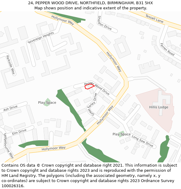 24, PEPPER WOOD DRIVE, NORTHFIELD, BIRMINGHAM, B31 5HX: Location map and indicative extent of plot