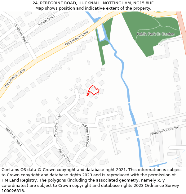 24, PEREGRINE ROAD, HUCKNALL, NOTTINGHAM, NG15 8HF: Location map and indicative extent of plot