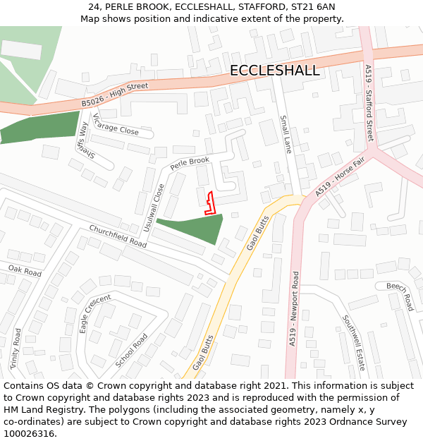 24, PERLE BROOK, ECCLESHALL, STAFFORD, ST21 6AN: Location map and indicative extent of plot
