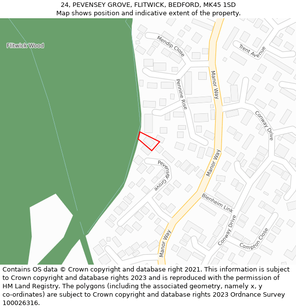 24, PEVENSEY GROVE, FLITWICK, BEDFORD, MK45 1SD: Location map and indicative extent of plot