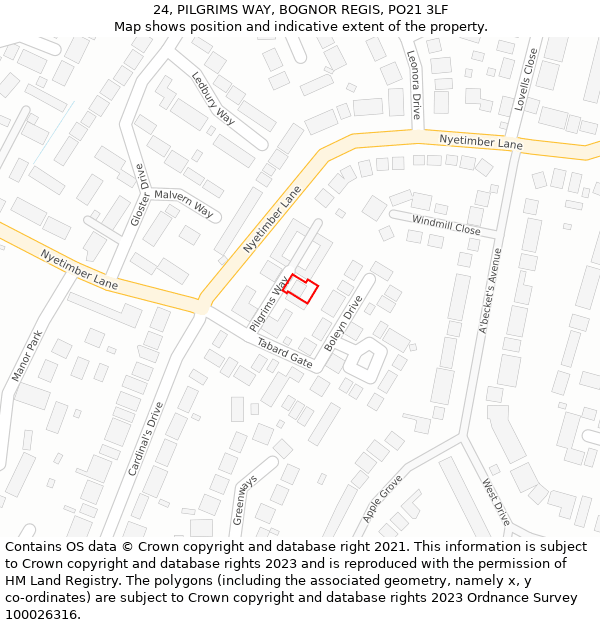 24, PILGRIMS WAY, BOGNOR REGIS, PO21 3LF: Location map and indicative extent of plot