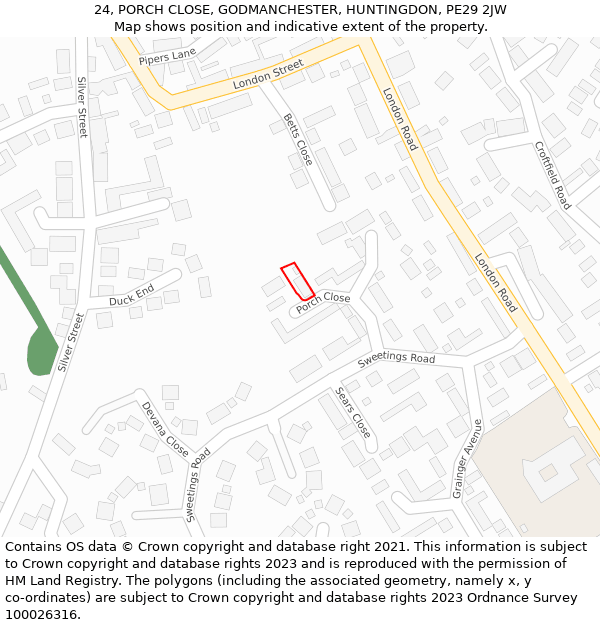 24, PORCH CLOSE, GODMANCHESTER, HUNTINGDON, PE29 2JW: Location map and indicative extent of plot