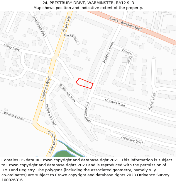 24, PRESTBURY DRIVE, WARMINSTER, BA12 9LB: Location map and indicative extent of plot