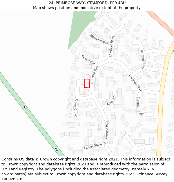 24, PRIMROSE WAY, STAMFORD, PE9 4BU: Location map and indicative extent of plot