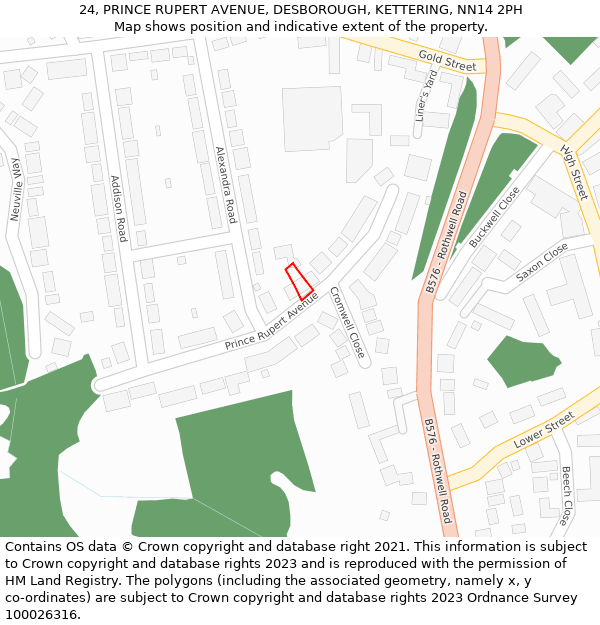 24, PRINCE RUPERT AVENUE, DESBOROUGH, KETTERING, NN14 2PH: Location map and indicative extent of plot