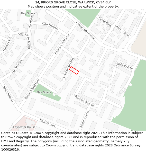 24, PRIORS GROVE CLOSE, WARWICK, CV34 6LY: Location map and indicative extent of plot